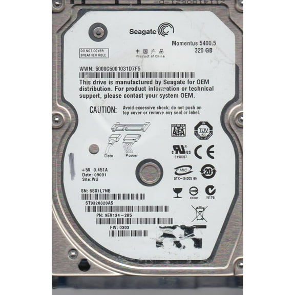 ST9320320AS, 5SX, WU, PN 9EV134-285, FW 0303, Seagate 320GB SATA 2.5 Hard Drive