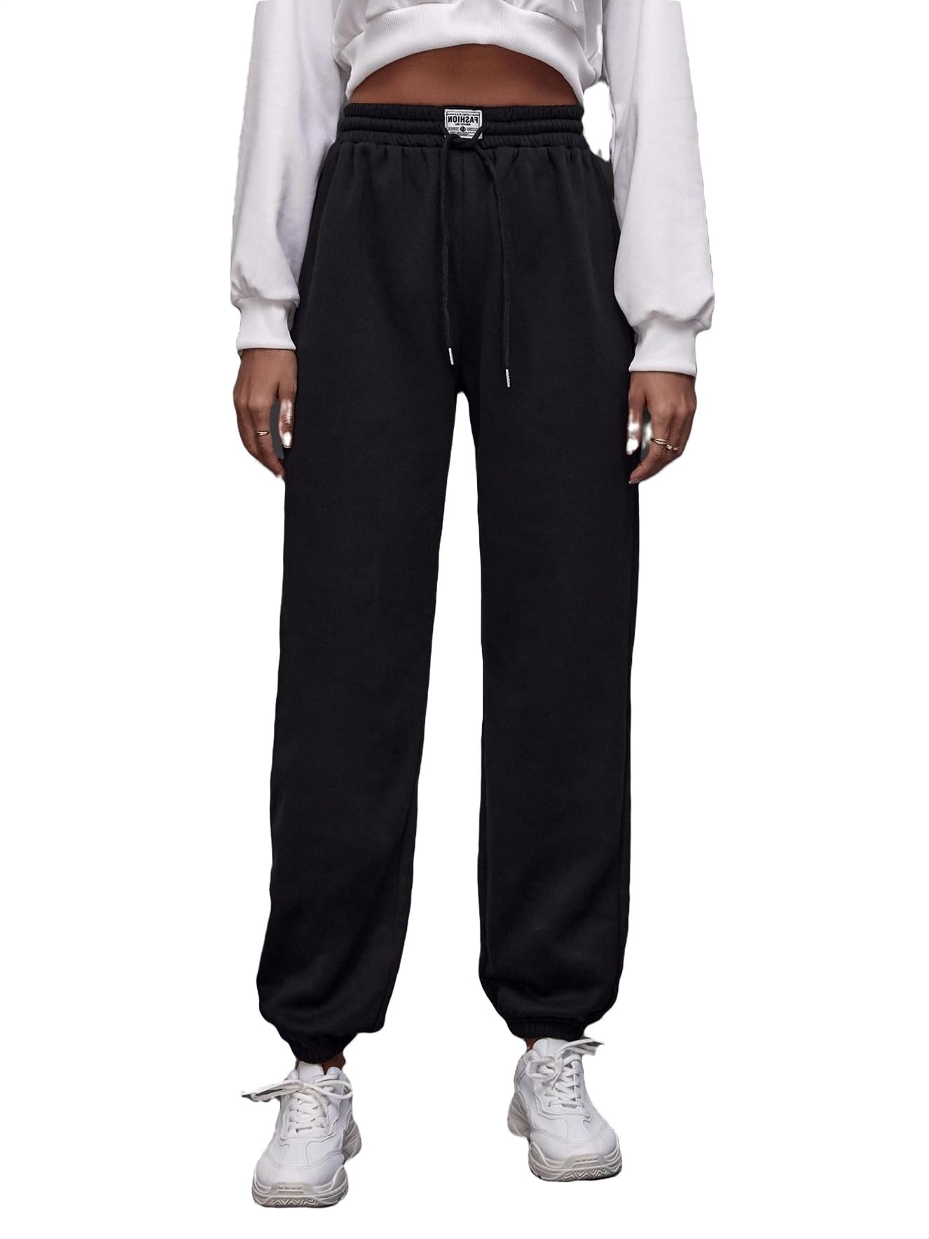 Womens Sweatpants Drawstring Waist Slight Stretch Sweat Pants High Waist Sweatpants Black L