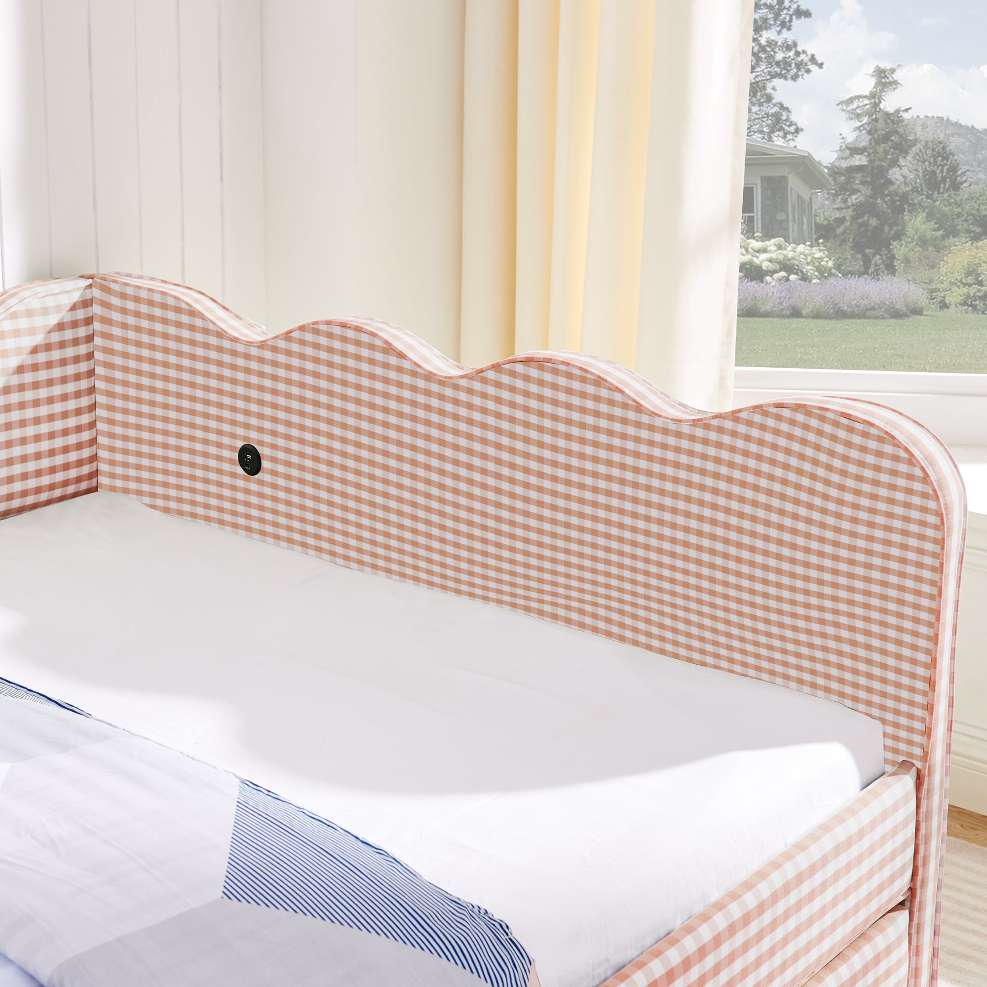 Full Size Daybed with Trundle and USB Port Upholstered Sofa Bed Gingham Linen Kids Guest Bed Frame, No Box Spring Needed, Pink