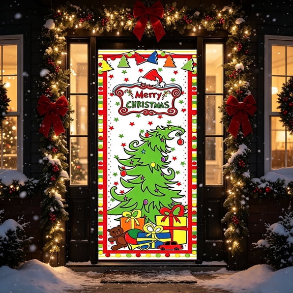 Christmas Door Cover,70"X35" Xmas Front Door Hanging Banner Backdrop for Indoor Outdoor Porch Entryway Farmhouse Holiday Party Home Wall Decor