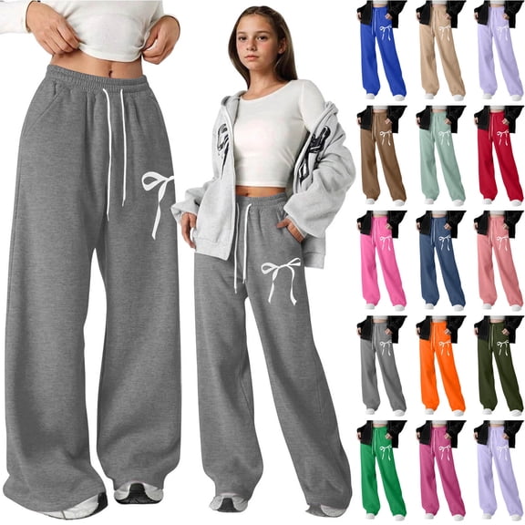 YUANxueke Girls Fleece Lined Sweatpants Bow Graphic Drawstring Waist Wide Leg Warm Pants for 5-15 Years