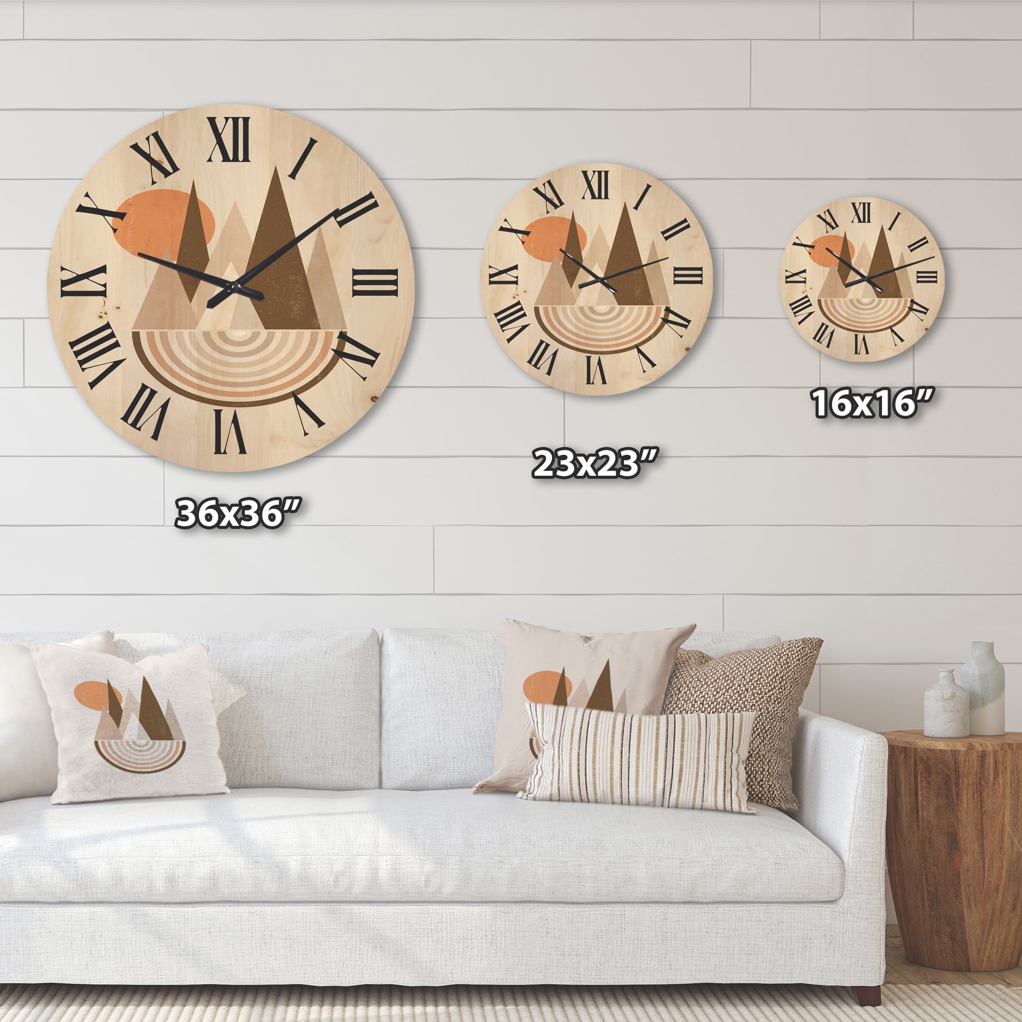 Designart 'Minimalistic Red Full moon Landscape With Mountain' Modern Wood Wall Clock