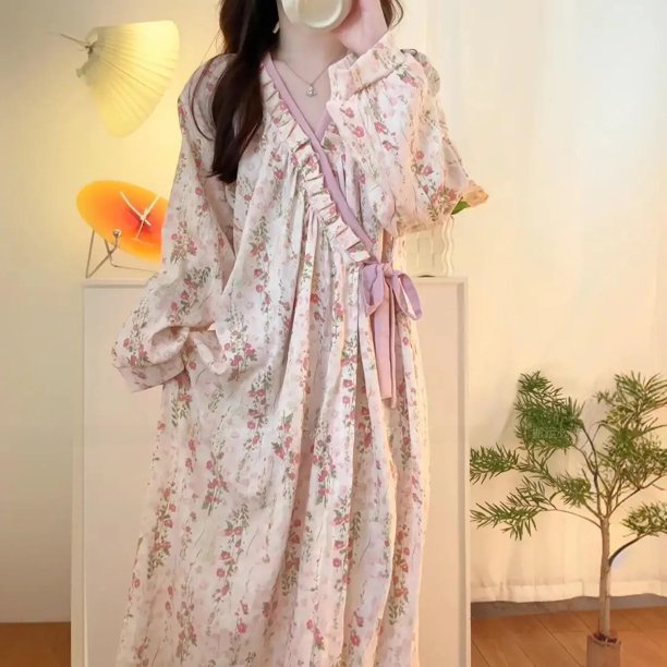 Primavera otoño mujer estilo kimono ropa de dormir con cuello en V ropa de hogar patrón de flor de cerezo alta calidad camisón de moda para el hogar