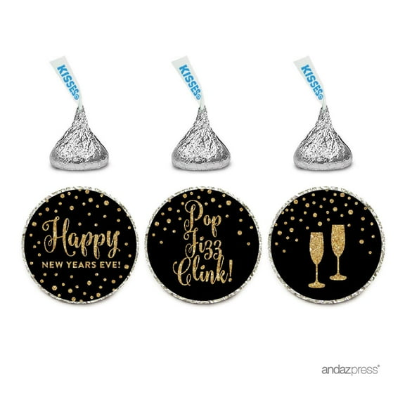 Chocolate Drop Labels Trio, Hershey's Kisses Party Favors, Pop Fizz Clink Happy New Year! Printed Glitter, 216-Pack