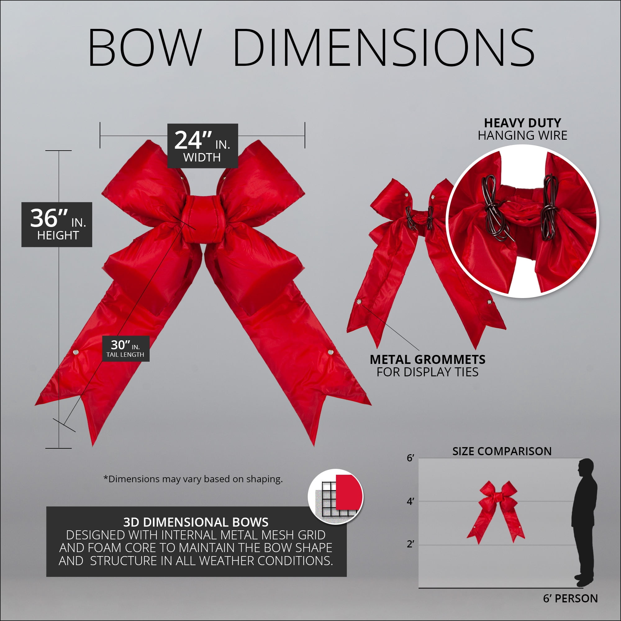 Big Red Christmas Outdoor Bows, Commercial-Grade 3D Structural Nylon Outdoor Christmas Bows, 24 Inch