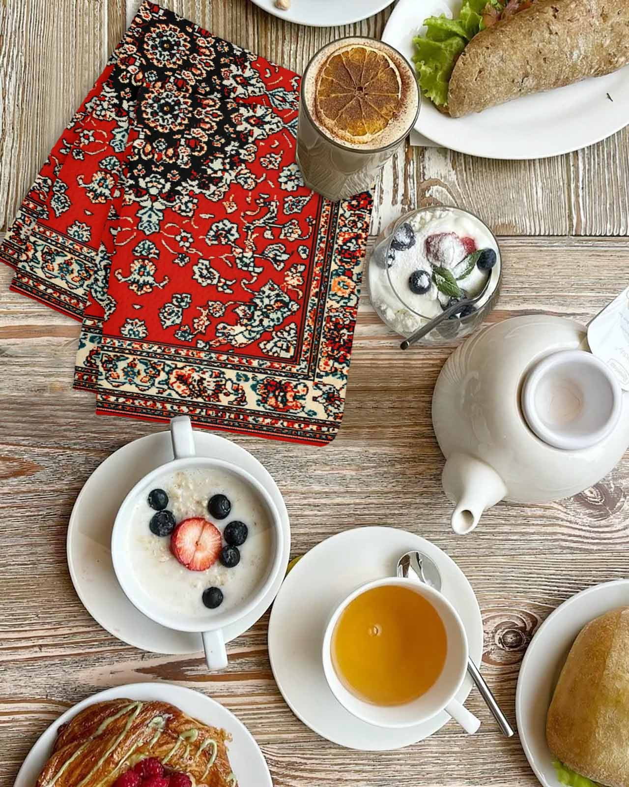 Red Boho Kitchen Dish Towels for Drying Dishes Set of 3, Vintage Farmhouse Abstract Floral Aesthetic Waffle Weave Microfiber Terry Hand Tea Bathroom Towels Quick Dry & Absorbent Towel 15.7x23.6