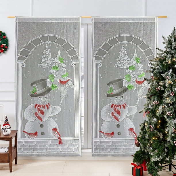 Cortina navideña colorida con árbol de Navidad, de encaje, con barra de hilo, decoración de muñeco de nieve.