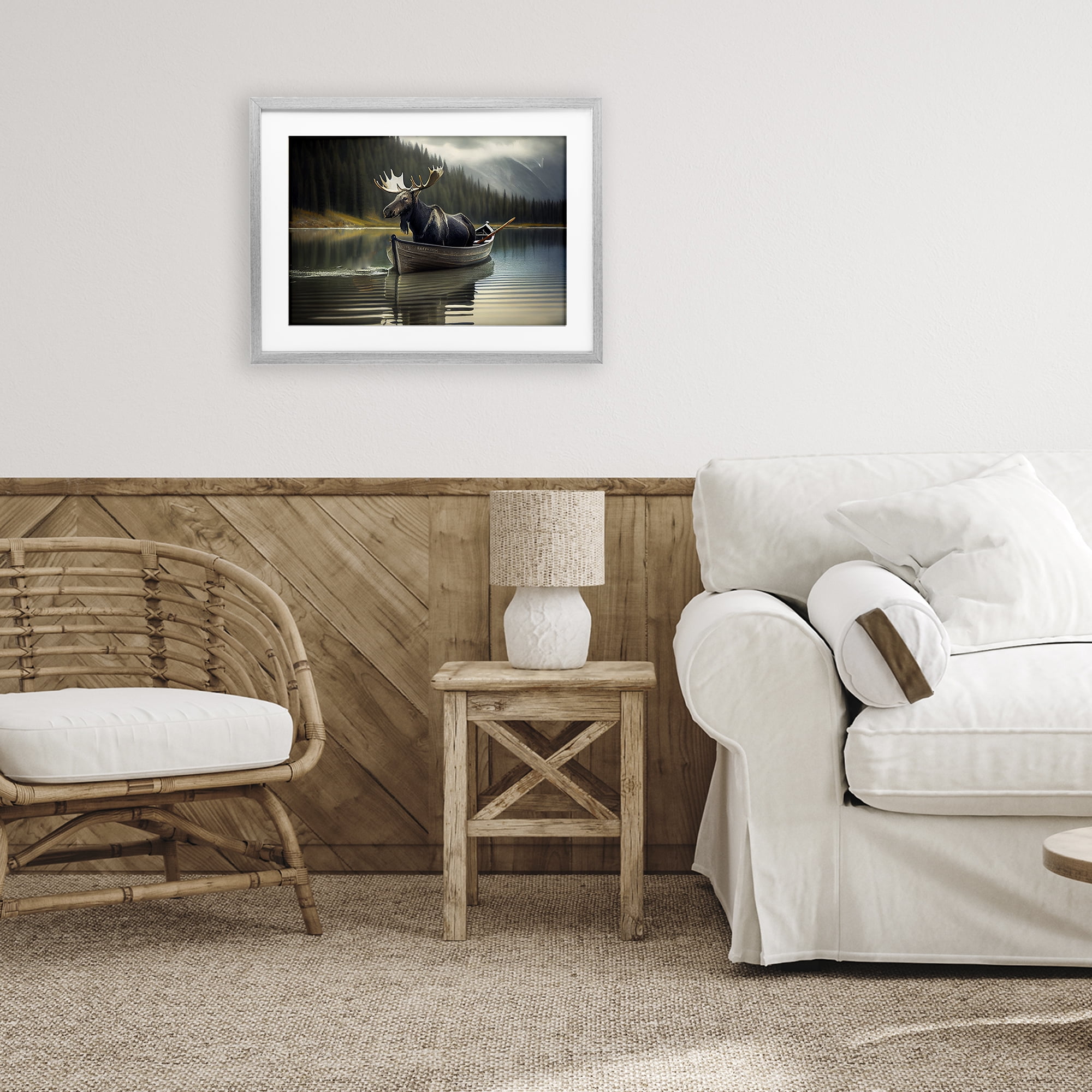 Moose in Canoe Tranquility Gray Framed Print Under Glass, design by Sasha