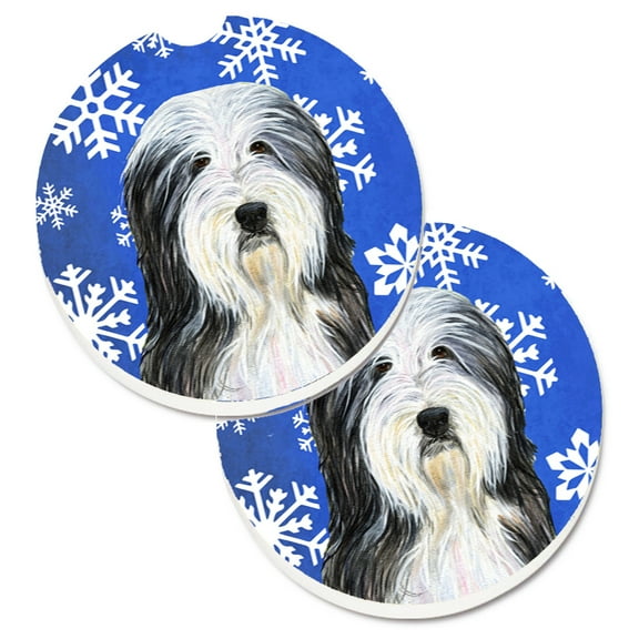Bearded Collie Winter Snowflakes Holiday Set of 2 Cup Holder Car Coasters