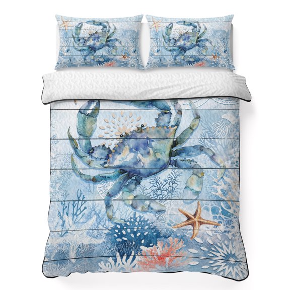 Twin XL Quilt Bedding Set Coastal Crab Ocean Starfish Coral Summer Quilt Lightweight Quilted Coverlet with 2 Pillow Shams, Farm Blue Wood Board 3-Piece Bedspread Quilt Set for All Season