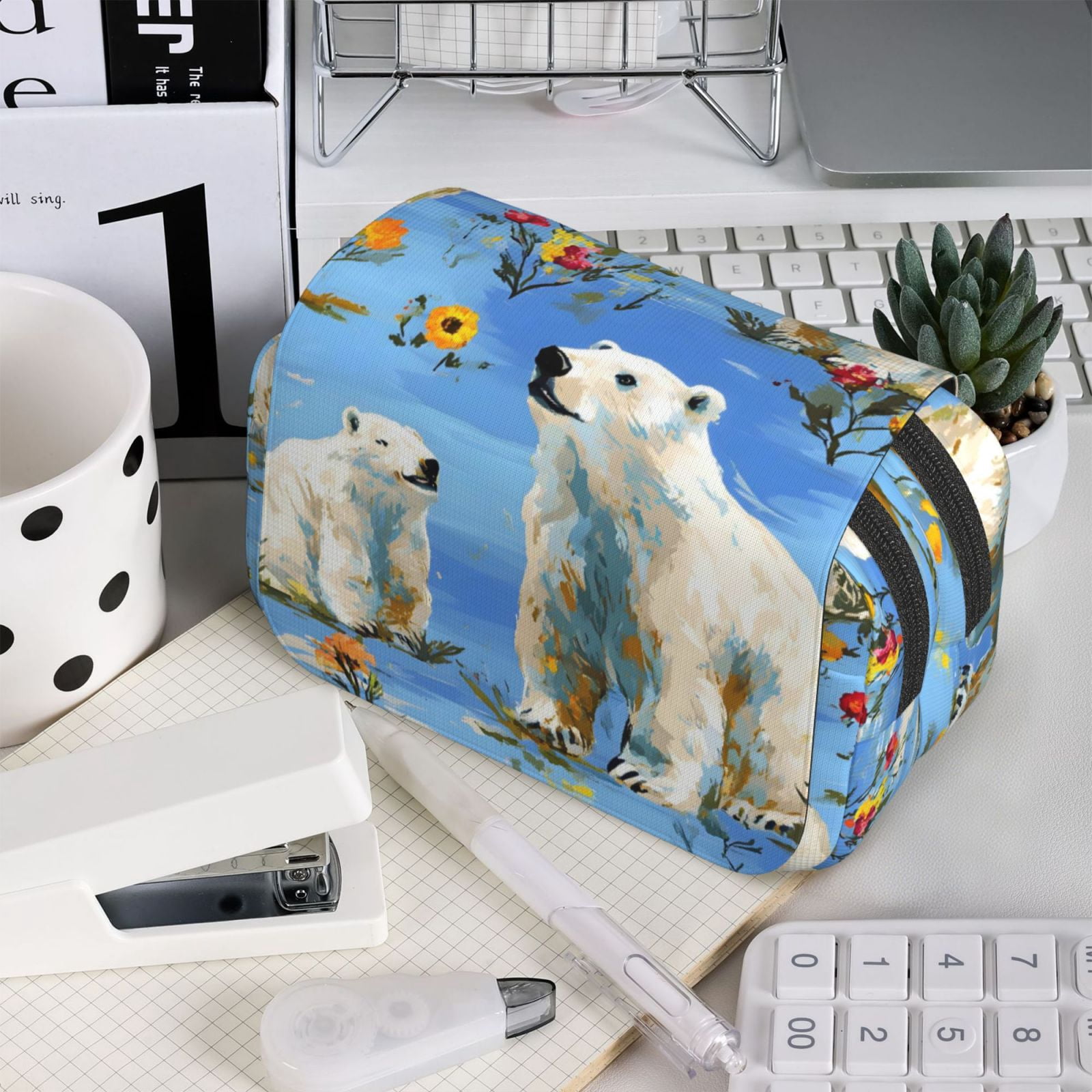 Large-Capacity Flip-Top Double-Layer Pencil Case, Multi-Functional Pocket Pen Case, Durable Stationery Organizer Polar Bear And Flower