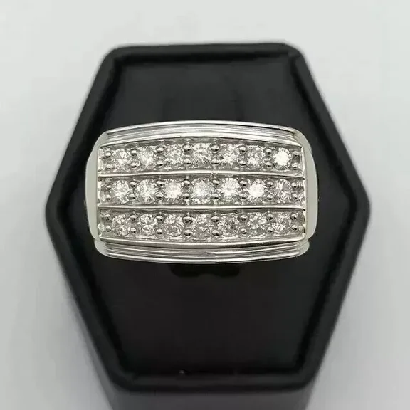 2Ct Round Cut Lab Created Diamond Three Row Men's Wedding Ring 14k White Gold Plated 925 Silver