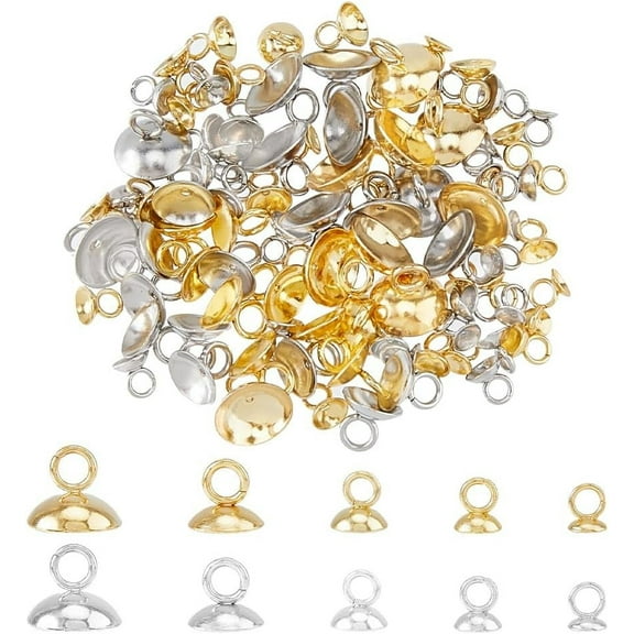 100Pcs 5 Sizes Bead Cap Bails 4-10mm 18K Gold Plated Round Bail Clasps Pendant Connector Bails Stainless Steel Pendant Caps with Loops Necklace Bracelet