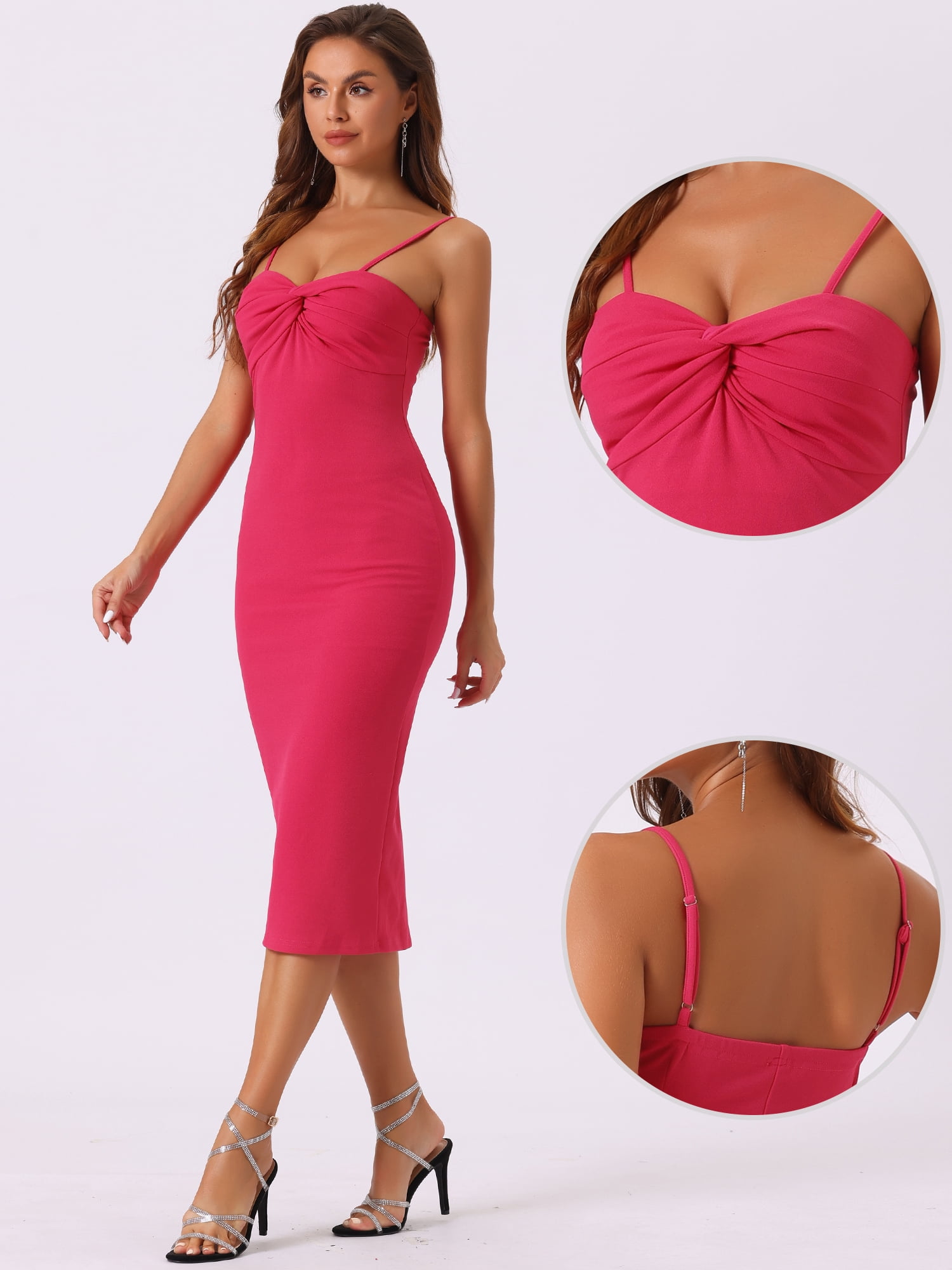 DARING DIVA Spaghetti Straps Ruched Twist Front Dresses XS Hot Pink