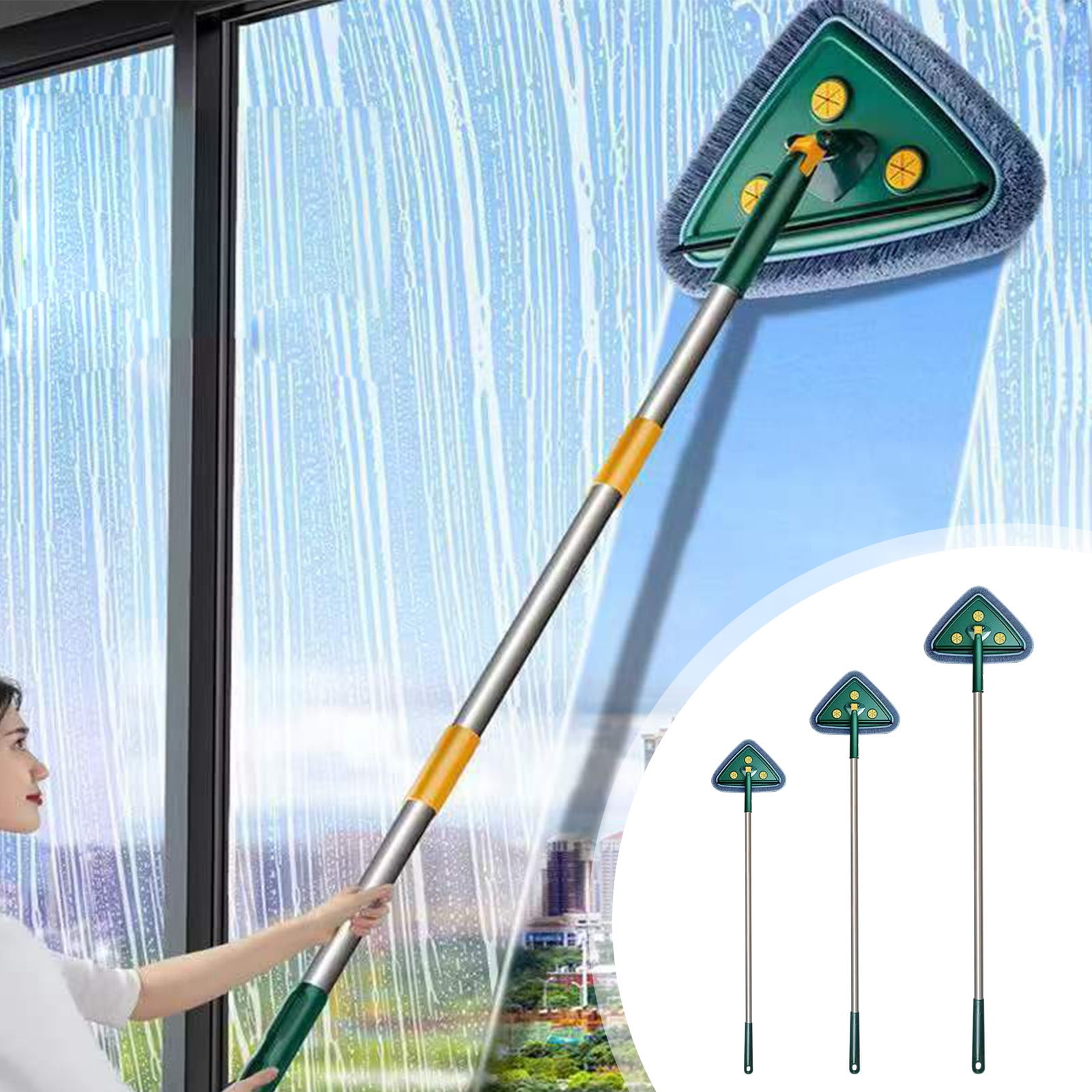 MTBLYS Triangle Mop Household Sweeping Tool Stainless Steel Handle 3-In-1 for Ceiling Wall Glass Cleaning Rotating Microfiber Head