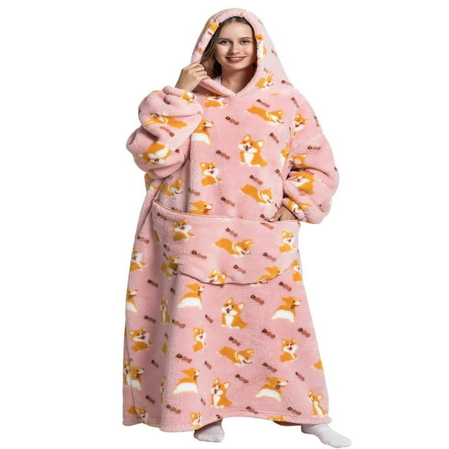 Womens Oversized Hoodie Blanket Fluffy Fleece Long Robes Cartoon Printed Blanket with Front Pocket Winter Pajama Robes Nightwear