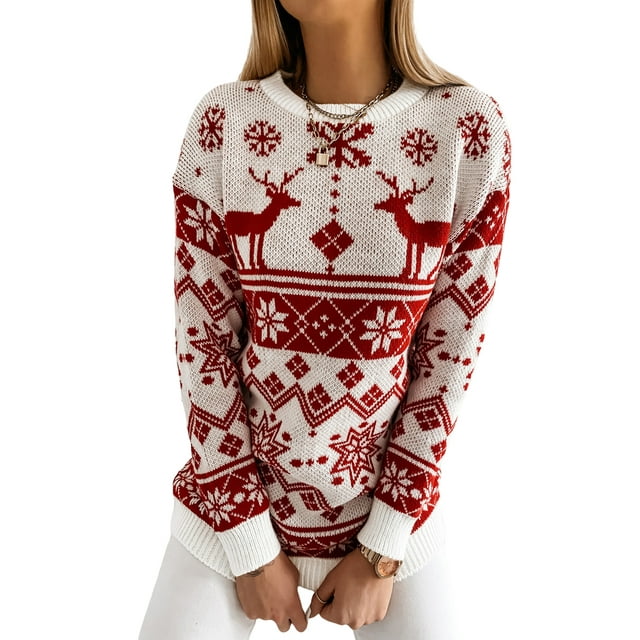 FOCUSNORM Chandail de Noël pour Femme Motif Flocon de Neige et Orignal Hauts Tricotés
