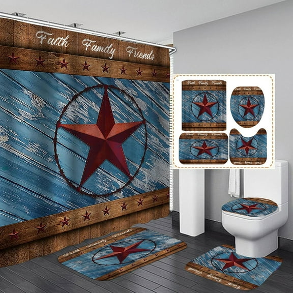 4PCS/Set Red Western Texas Star Shower Curtain Sets, Vintage Brown Blue Rustic Wooden Board Quote Rural Country Farmhouse Bathroom Decor, Non-slip Bath Rugs Toilet Mats, Faith Family Friends