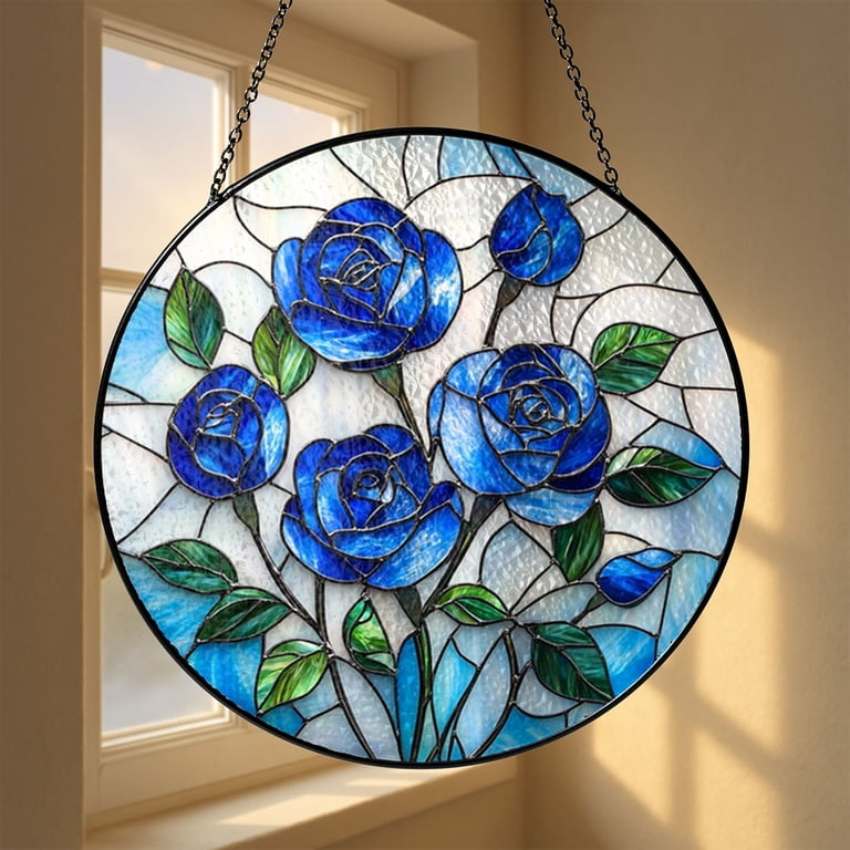 【ステンドグラス】- Azure Rose - Stained Glass Blue Rose Panel – Floral Window Hanging Decor1901