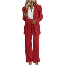RYRJJ Women's Fall 2 Piece Blazer Outfits Business Casual Long Notch Collar Blazer Jackets and Dressy Wide Leg Work Pant Suits Sets with Pockets(Red,XXL)