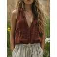 thumbnail image 5 of Clearance! Women Spring V Neck Pocket Sleeveless Cotton Linen Casual Vest M Size Brown, 5 of 6