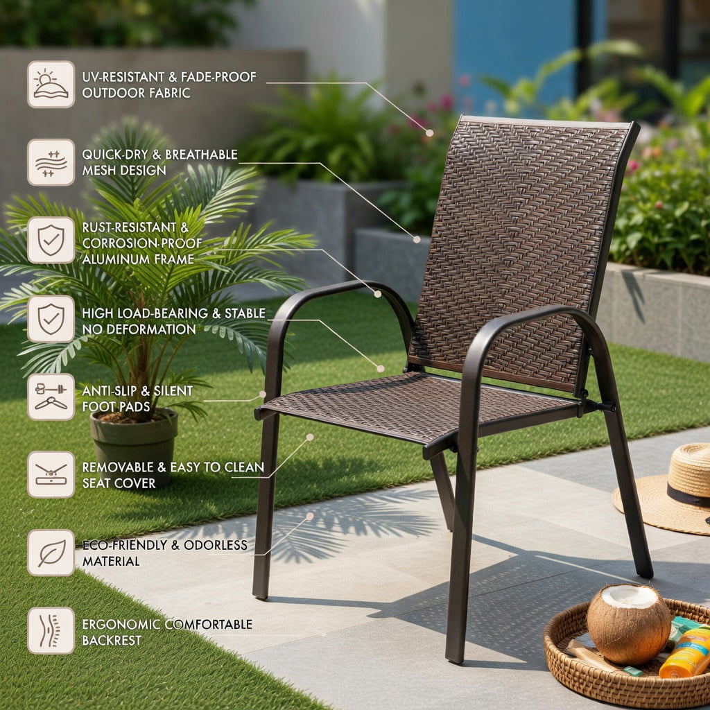 Hommoo 6-Pack Stackable Outdoor Dining Chairs, All-Weather PE Wicker & Rustproof Steel Frame, Patio, Garden & Poolside Use, Brown