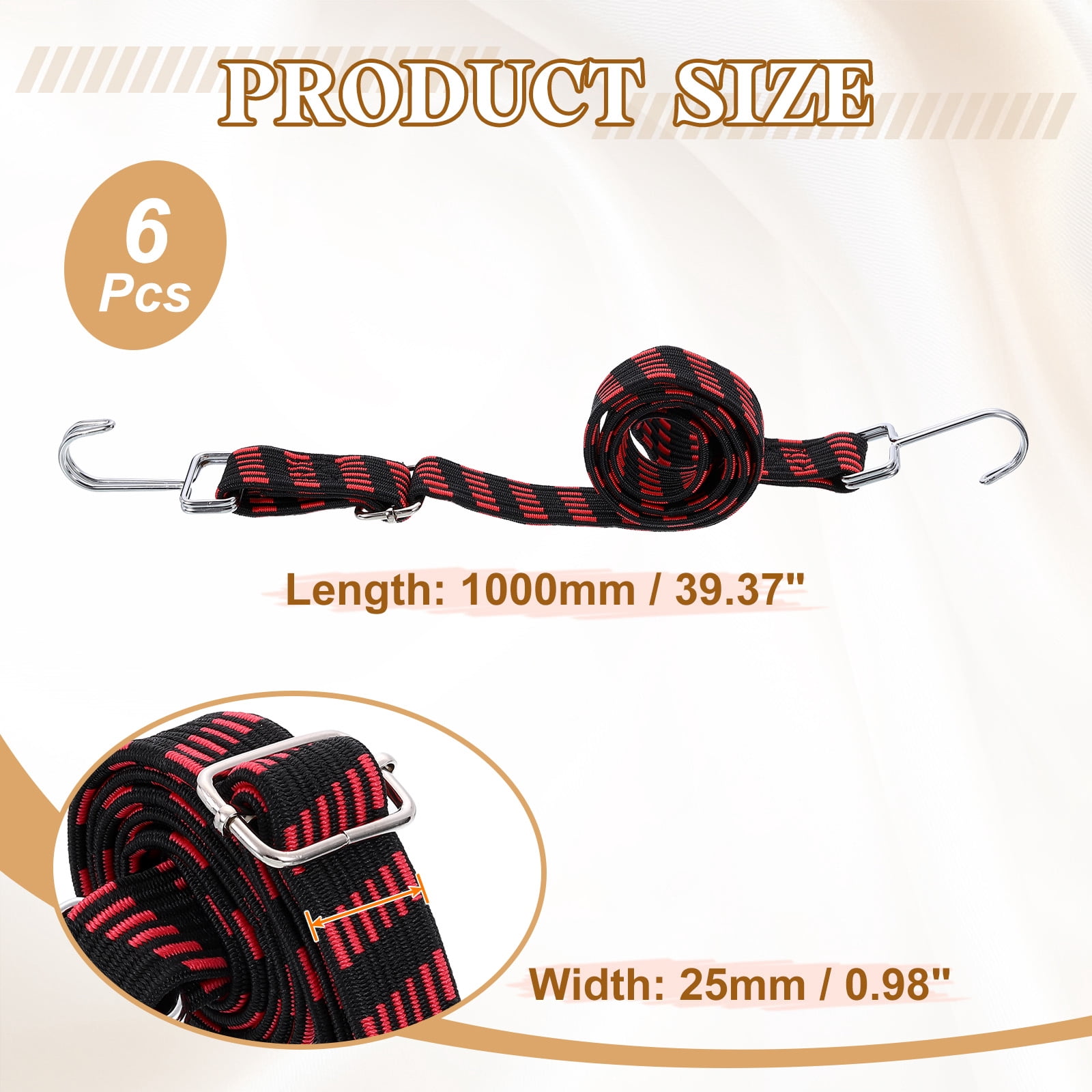 Uxcell 6 Pack Adjustable Bungee Cords with Hooks, 39 Inch Flat Heavy Duty Elasticity Straps Rubber Bungee Cords with Buckle for Outdoor, Camping, Tarp, Bike Rack, Luggage, Black Red