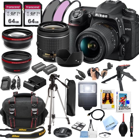 Nikon D7500 DSLR Camera Kit with 128GB Memory, Spare Battery, Filters, Case, Tripod, Flash, 42pc Bundle(International Model)