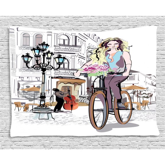 Fashion House Decor Tapestry, Girl with Bike and Roses in a Street Old Town Musician Romantic Tour in City, Wall Hanging for Bedroom Living Room Dorm Decor, 80W X 60L Inches, Pink, by Ambesonne