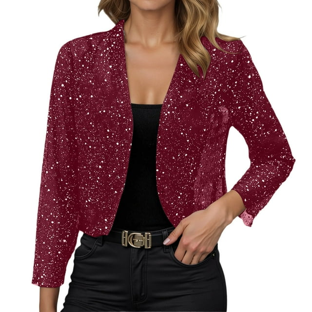 Wdgfv Veste à Paillettes pour Femmes Blazer Court Ouvert devant Léger Manches 3/4 Veste Vin P