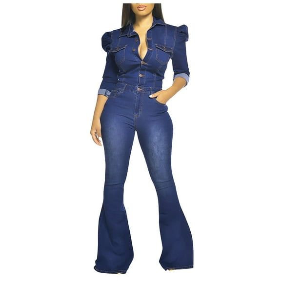 SELONE Womens Jumpsuits Dressy Plus Size Casual Flared Denim Jean Pants Ladies Travel Comfortable 2023 Vacation Flowy Rompers Cute Rompers for Women Casual Jumpsuits for Women Fashion Blue M
