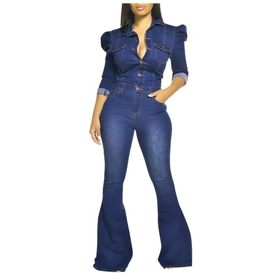 IROINNID Long Sleeve Jumpsuit For Women Full-Length Fashion Jeans Pockets Casual Slim Jumpsuit Flared Trousers Plus Size Jumpsuit