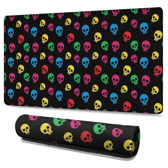 Long Mouse Pads for Desk,Black Colorful Skull Pattern Desk Mats on Top Of Desks, Desk Mouse Pad Extra Large with 3mm Non-Slip Base and Stitched Edge for Gaming,Office,Work,Home 47.3"x23.6"