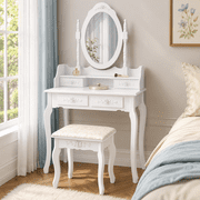 Ktaxon 2-1 Elegance White Dressing Table Vanity Table and Stool Set Wood Makeup Desk with 4 Drawers & Mirror