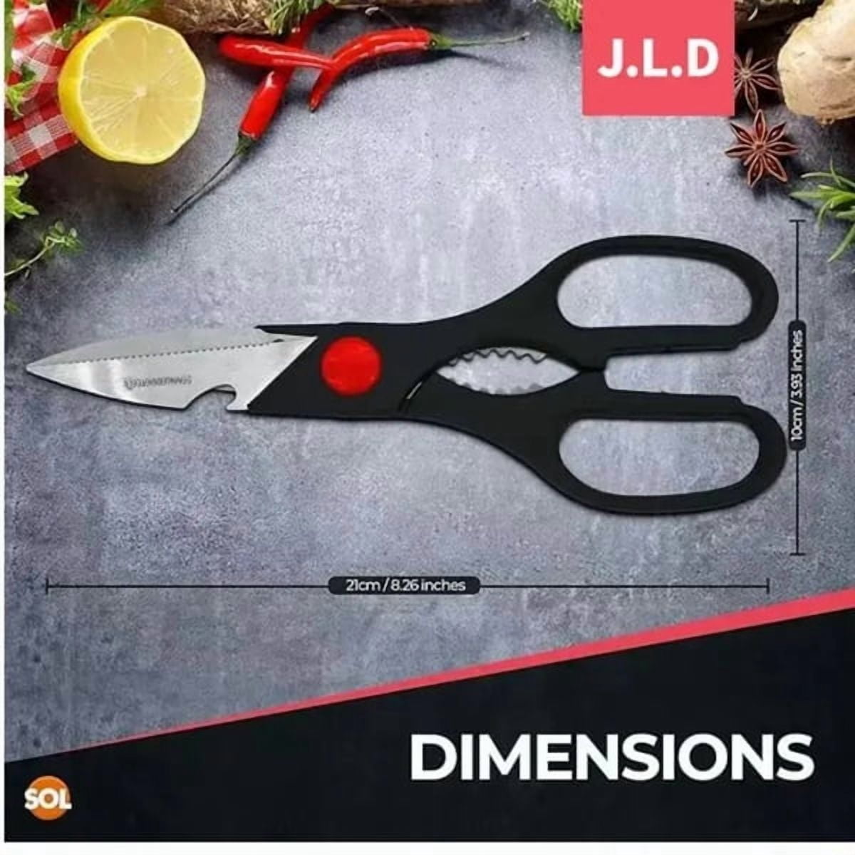 Multi-Functional Kitchen Scissors - Stainless Steel Blade, Ergonomic Grip - Cuts Meat, Veggies, Opens Bottles/Nuts, Dishwasher Safe