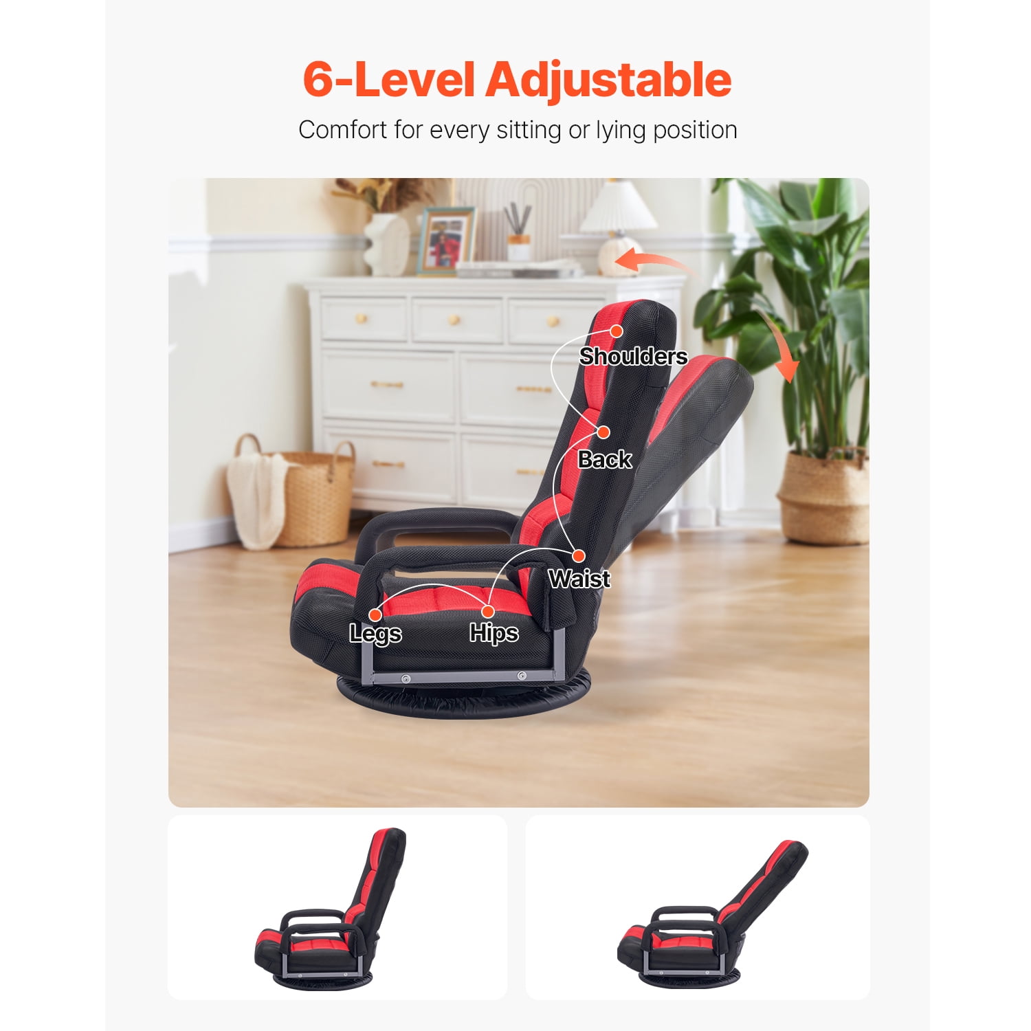 KFFKFF Rotating Floor Game Chair with Armrests, 6 Variable Backrest Positions and Support for Lower Back, Collapsible Multimedia Lounging Chair, Red Black