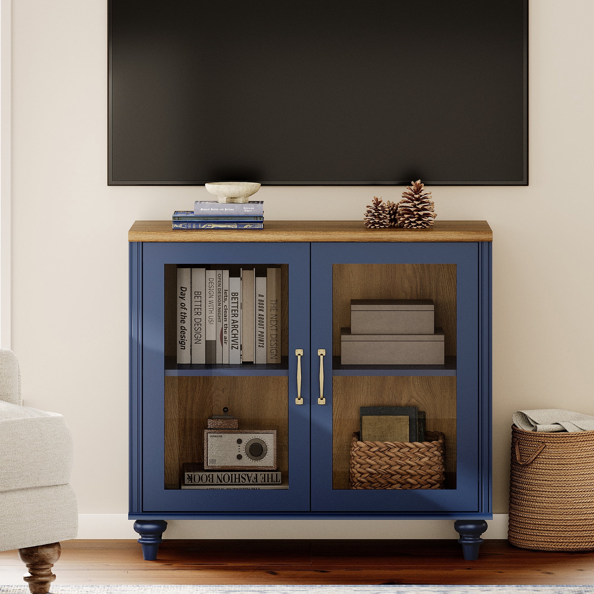 TV Stand for 43 Inch TV, Kitchen Buffet Sideboard with Glass Doors, TV Cabinet for Living Room and Dining Room, Navy Blue