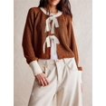 thumbnail image 4 of FOCUSNORM Women Tie Front Cardigan Sweaters Color Block Open Front Long Sleeve Round Neck Knitted Crop Tops Fall Going Out Tops, 4 of 7