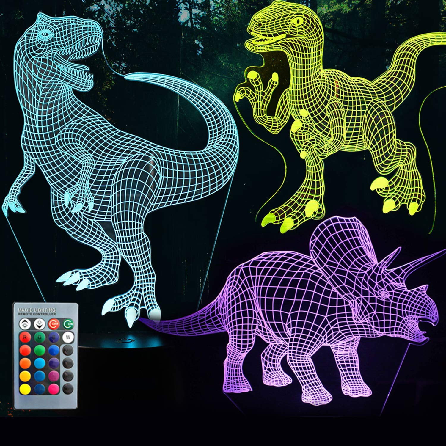 Koyya 3D Dinosaur Night Light Decorative LED Bedside Desk Table Lamp 3D Illusion Light USB Power/7 Colors Changing/Touch Switch for Kids Room Birthday Gifts Toys Boys Child 