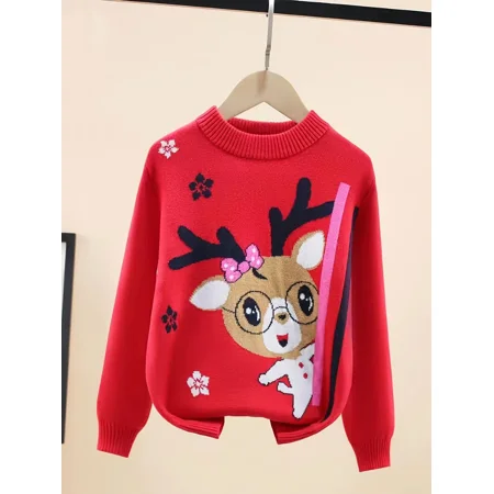 

GEDER-F1 Christmas Outfit Girls Sweater Deer Pattern Round Neck Knitted Pullover