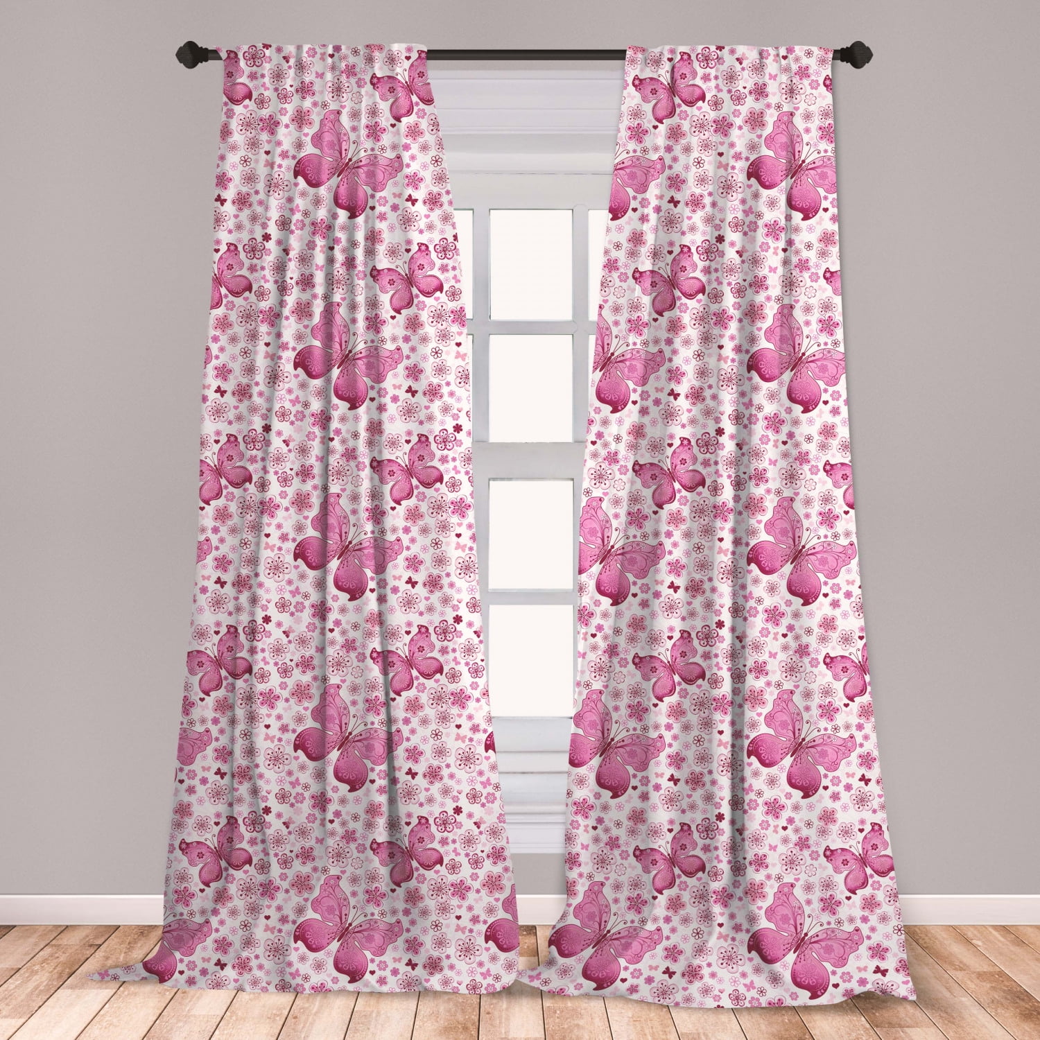 Butterfly Curtains 2 Panels Set, Floral Arrangement and Hearts