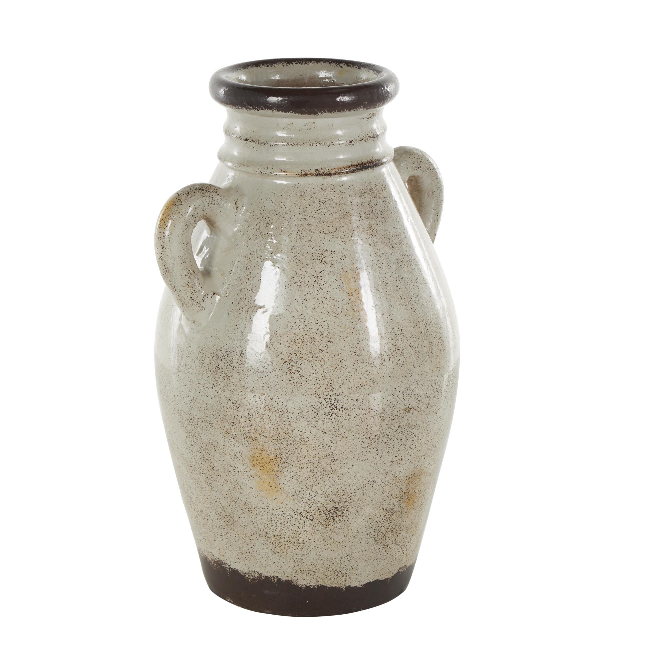 DecMode 14" Antique Amphora Cream Ceramic Vase with Speckled Texturing and Yellow and Brown Accents