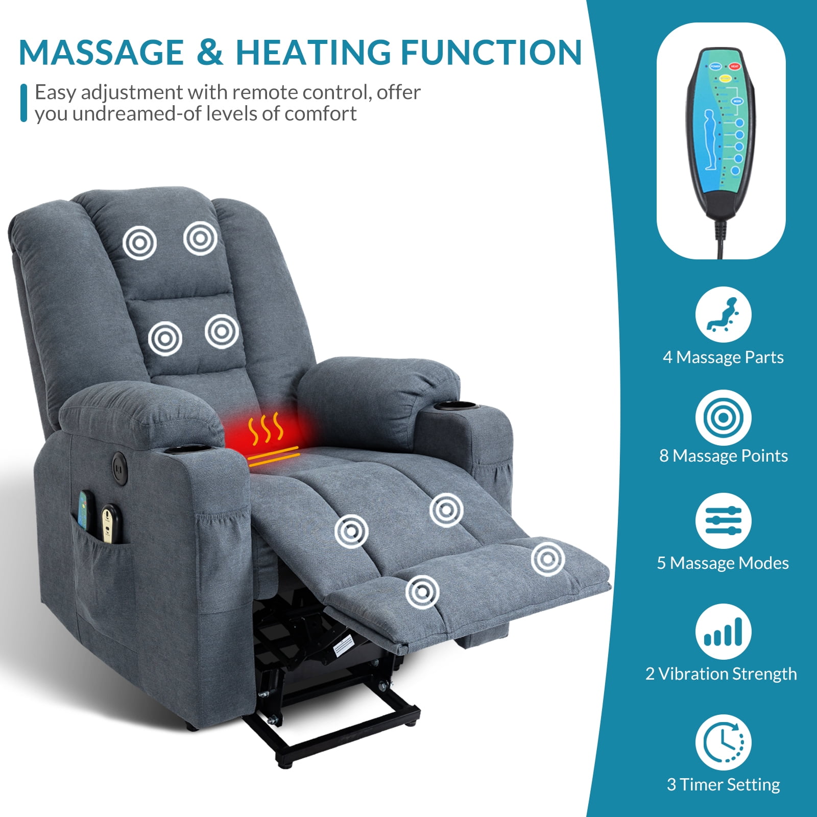 OUINCH Power Lift Recliner Chair with Massage & Heat, USB Ports, Cup Holders, Blue