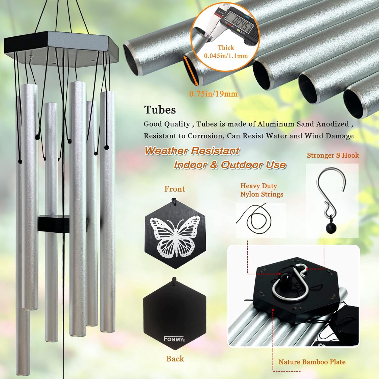 FONMY 33 inch Height Outdoor Butterfly Memorial Wind Chimes, Deep Tone Silver Large Windchimes for Garden Decor, Yard Art Decor
