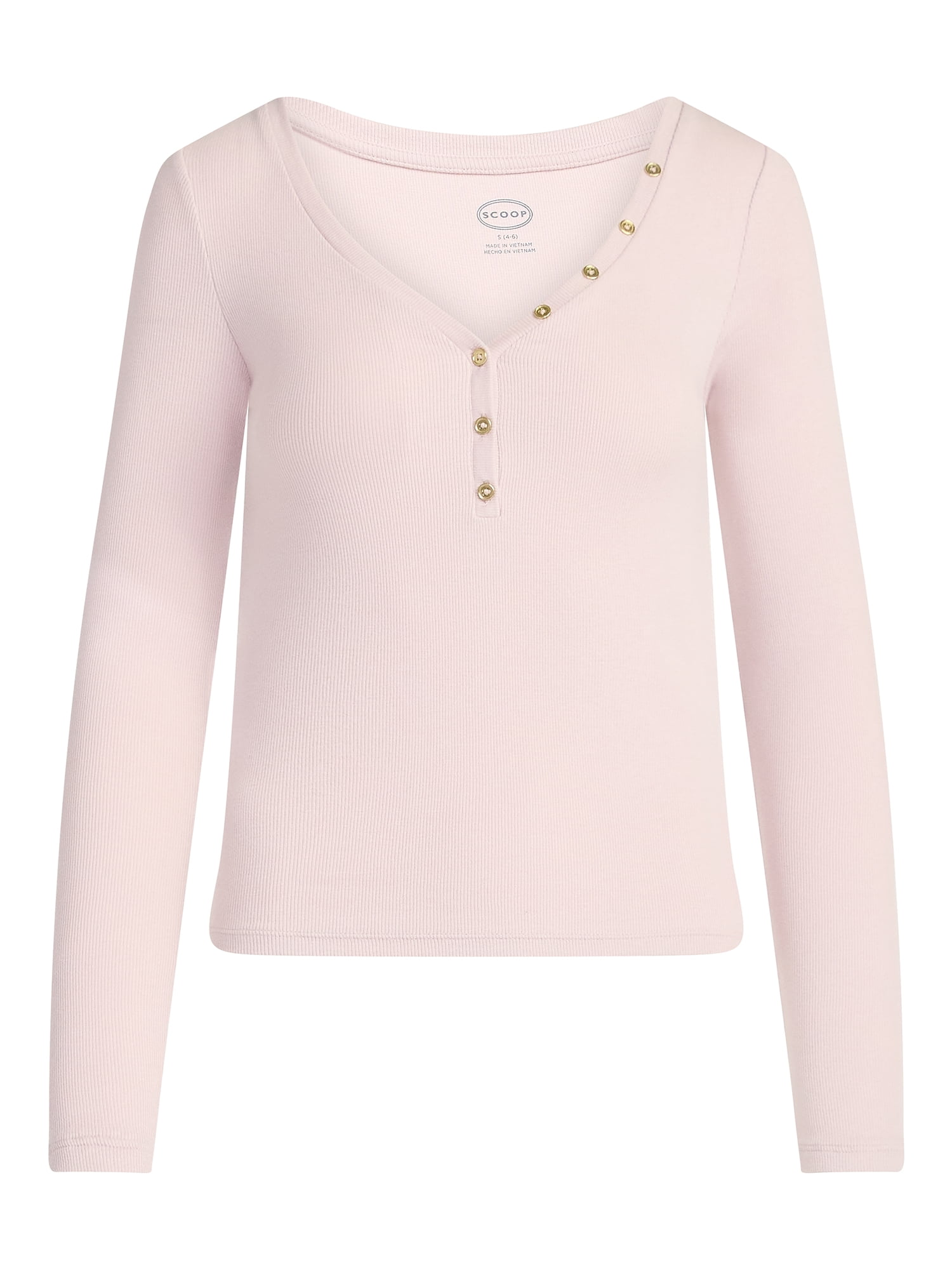 Scoop Women’s Ribbed V Neck Henley Top with Long Sleeves, Sizes XS-XXL