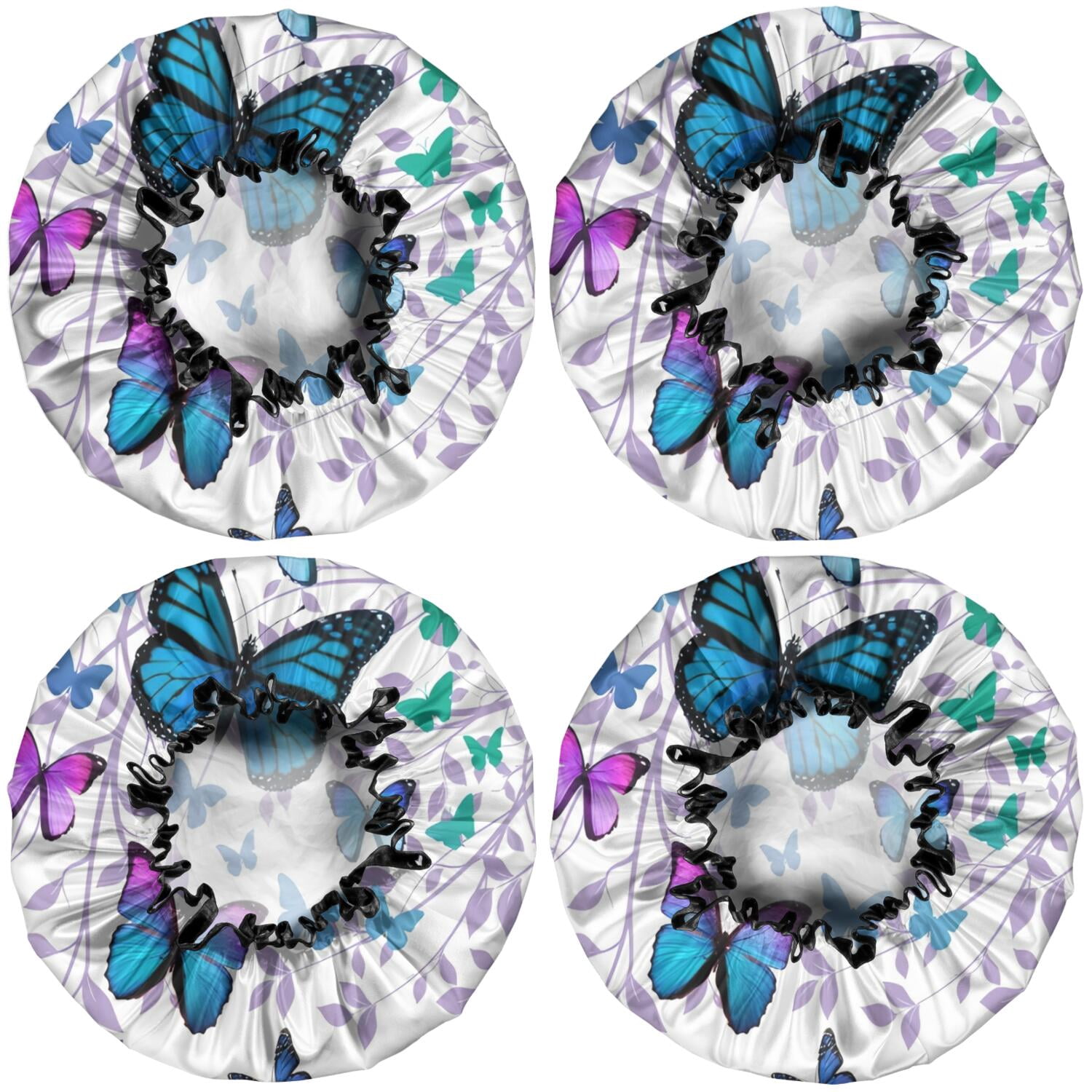 Shower Caps,Purple Leaf Butterfly Pattern Waterproof Shower Cap for Women 4 Pieces,Double Reusable Hair Cover for Shower PEVA Elastic Stretch Hem