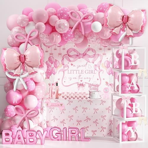 143PCS Pink Girl Baby Shower Decorations – Welcome Banner, Balloons, Coquette Bow Boxes, Cupcake Banner (For Girl Baby/Birthday Shower), 207 – Home Decor, Kitchen, & Other