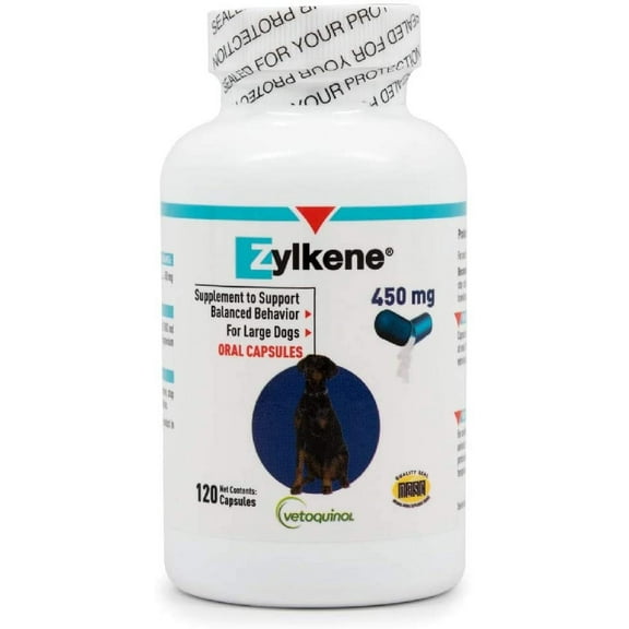 Vetoquinol Zylkene Behavior Support Capsules for Dogs, 450mg, 120ct - Calming Natural Milk Protein Supplement - Help Pets Cope with Change & Noise-Related Stress - Non-Drowsy - Lactose-Free