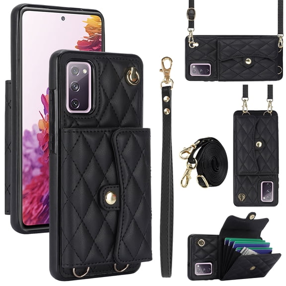 for Samsung Galaxy S20 FE Case, Wallet Phone PU Leather Case with Card Holder Crossbody Cover for Women Girls Strap Wristlet RFID Blocking Shockproof Protective Cover for Samsung S20 FE, Black