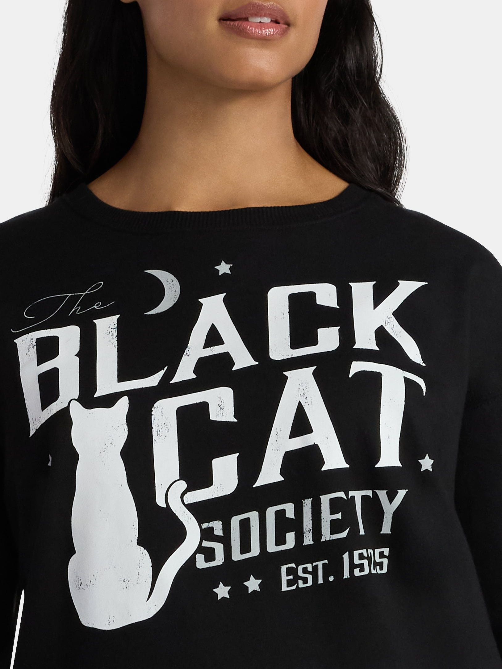 Women's Halloween Black Cat Society Graphic Fleece Sweatshirt from